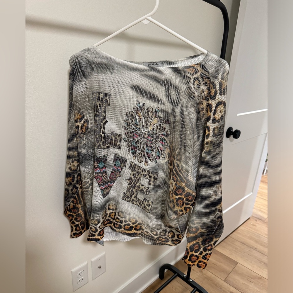 Leopard Print 'LOVE' Pullover Sweater - Gray/Brown